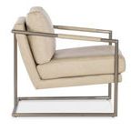 Side profile highlighting leather seat cushion thickness and metal frame base with leather-wrapped armrests