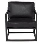 Modern occasional chair with raven leather cushions on a geometric seared oak frame in black finish