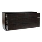 Angled front side view of dresser with three drawers partially open on right side