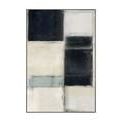 Abstract painting with large black, white, and gray geometric blocks in a rectangular frame