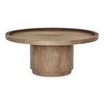 Profile view of round oak coffee table showing base's height and tray's edge thickness