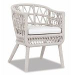 Dana Rope Dining Chair with curved back, sloped arms, macramé-style woven natural linen olefin rope on aluminum frame