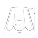 Technical line drawing with dimensions: 9 inches tall, 11.25 inch width, 6.5 inch depth scalloped rattan shade