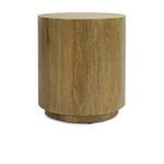 Light brown oak veneer round end table with sculptural plinth-style base and clean minimalist design