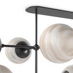 Detail of black matte rectangular ceiling mount with supporting rods and attached marbled glass globe