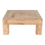 Square reclaimed oak coffee table with visible wood grains and knots in blocked pattern top and chunky legs