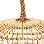 Top detail of pendant light showing braided cord attached to wicker frame with woven wrapping