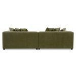 Close-up showing detailed tufting and cushion texture on the olive sofa seat.