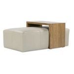 Side angle showing ottoman with attached oak wood side table resting partially on leather cushion