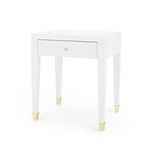 White Claudette 1-Drawer Side Table with washed lacquered linen finish and gold-capped tapered legs