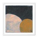 Abstract painting with large beige and golden yellow rounded shapes on a textured black background in a white frame