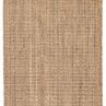 Top flat view of natural taupe jute area rug showing coarse textured weave