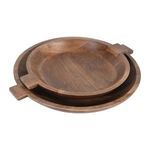 Side angle view of stacked brown wooden bowls highlighting their rounded edges and flat handles