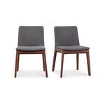 Set of two Deco Dining Chairs with solid walnut frames and gray upholstered polyester seats and backs.