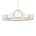 Chandelier with white shades highlighted in bright studio light, front straight view