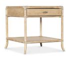 Retreat Pole Rattan End Table in sand-colored dune finish, oak and maple veneer, with rope-wrapped joints and single drawe...