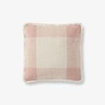 Natural / Pink Fringed Geometric Woven Plaid Throw Pillow image 1