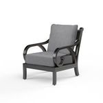 Espresso powder coated Monterey Club Chair with Old World Copper Rub and gray cushions, outdoor accent seating