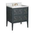 Front-left angled vanity with polished nickel faucet installed on marble countertop