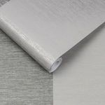 Gray striped wallpaper with embossed texture, shown rolled and flat, featuring subtle horizontal lines