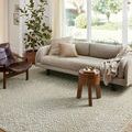 Noelle Rug shown in a bright living room under a sofa and wooden side table, showcasing size and room placement