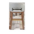 Back view displaying curved backrest with fabric upholstery and exposed wooden frame