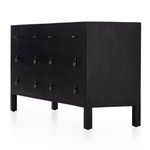 Side angle view showing solid wood sides and square legs of black dresser