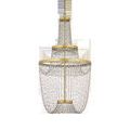 Front view of chandelier against white background showcasing the symmetrical swag of glass beads