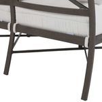 Close-up of sofa leg and lower frame in slate gray aluminum with cushion straps