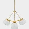 Duxbury Chandelier viewed from below with three visible seedy glass shades and brass chains against white background