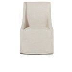Front view highlighting chair’s full straight back and wide seat in light gray fabric