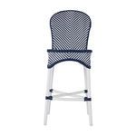 Back view of woven navy and white bar stool with white frame and navy trim on footrests