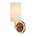 Another lighting angle of Ellerston Wall Sconce showing gold finish and tan leather wall plate