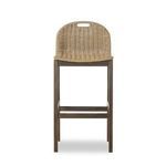 Woven natural textured bar stool with handle on backrest and stained teak wooden base