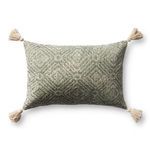 Rectangular green pillow with modern tribal diamond pattern and natural cotton tassels on each corner