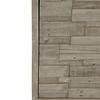 Close-up of Loft Shaw buffet corner focusing on wood plank texture and metal leg detail