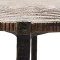 Side close-up highlighting the serrated edge design and hammered texture of the bronze table leg