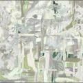 Abstract painting with soft greens, whites, and neutrals in layered forest-inspired composition
