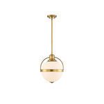 Westbourne 1-light pendant with round white opal glass shade and warm brass finish, adjustable hanging rod