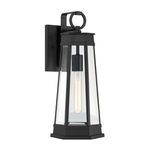Payne 1-light outdoor wall lantern in matte black with tapered clear beveled glass panels and geometric top ring detail