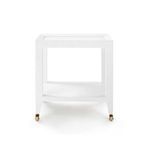 Front view showing square silhouette and caster wheels of Isadora Tea Table