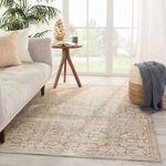 Rug styled in living room setting under natural light with a sofa, side table, and pouf