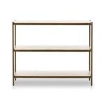 Side angle highlighting the thin vertical iron posts framing the rectangular marble shelves