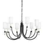 Gustine 8 Light Forged Iron Chandelier with downward sweeping black iron arms and cream candle sleeves on square metal tubes