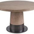 Solara Dining Table with rounded gray oak top and satin pewter metal base in mid-century style