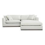 Rue Nook modular sectional sofa with 70% feather-fill toppers, toss cushions, white upholstery, and floating rubber wood base