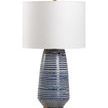 Porcelain table lamp with cobalt blue and white beehive texture, antique gold base and finial, off-white linen drum shade