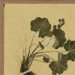 Close-up on stem and leaf detail with subtle textural variations on yellowed paper