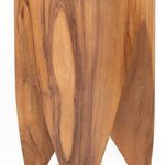 Side close-up focusing on teak wood grain lines and leg curves of the outdoor end table