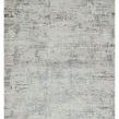 Abstract modern area rug with distressed design in gray, blue, cream, silver with hints of red and orange